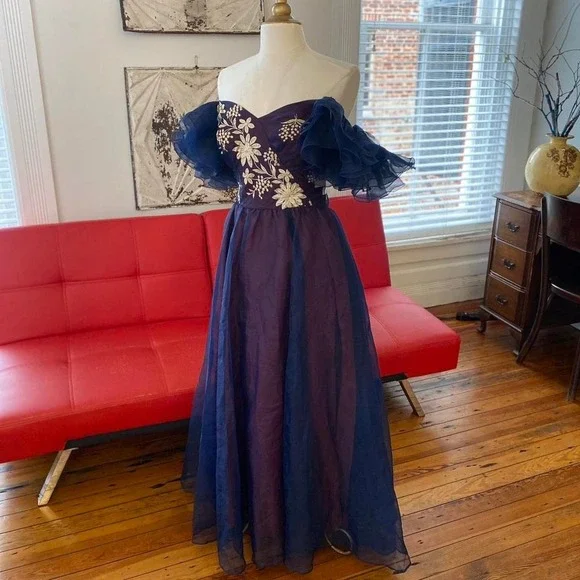 Vintage Navy Purple Organza Prom Gown Embroidered Ruffle Off Shoulder Dress Sz S - Picture 2 of 8